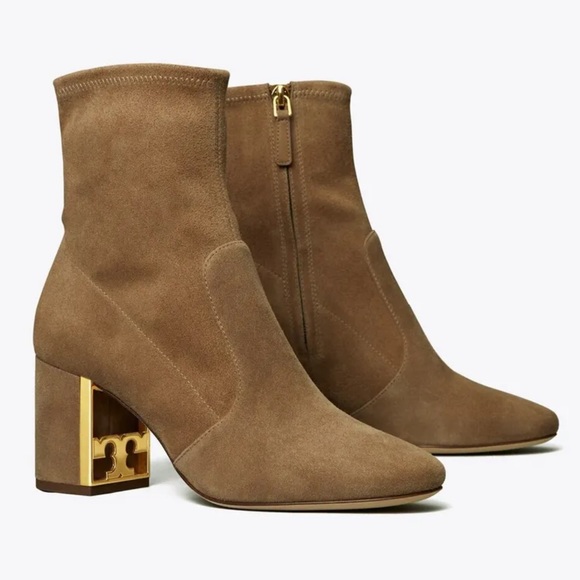 Tory Burch Gigi Stretch Suede River Rock Booties in Tan, New